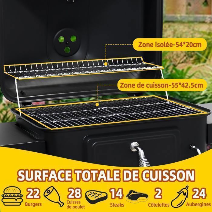 Barbecue Charbon de Bois avec Couvercle, Chariot avec Thermomètre, Bac à Charbon Réglable, 2 Tablettes, Brosse de Nettoyage, Noir