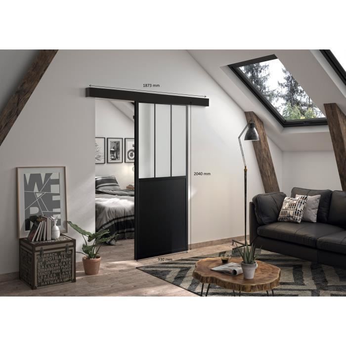 OPTIMUM - Kit para puerta corredera + riel + embellecedor - 204 x 93 x 4 cm (alto x ancho x profundidad) - Cristal esmerilado negro