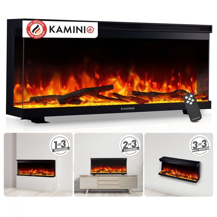 Cheminée Électrique - KAMINIO - LEA - 3-en-1 - Vue Panoramique - Effet Flamme 12 Couleurs