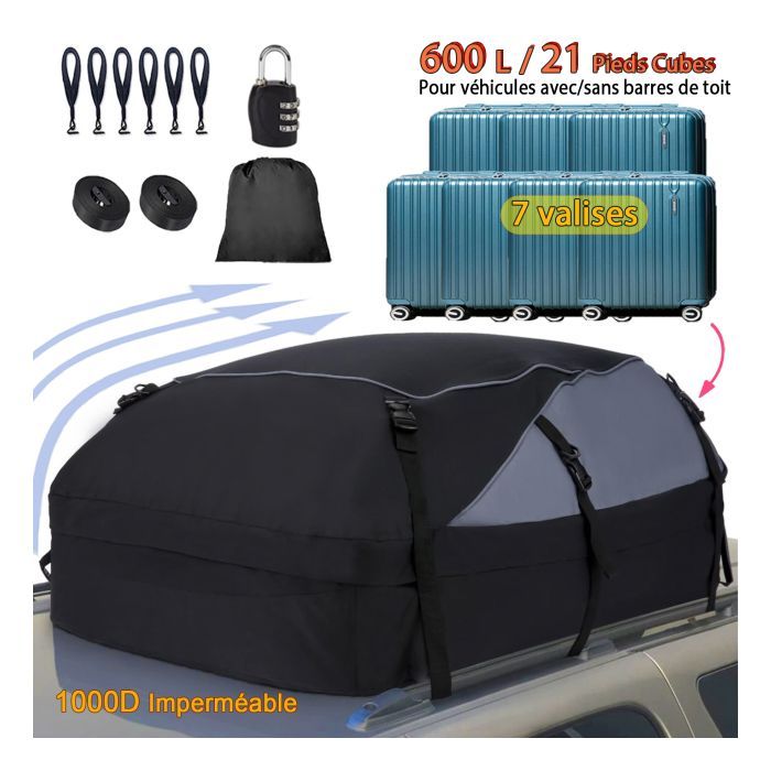 Sac de Toit Voiture - 600L - Coffre de Toit Souple 100% Imperméable pour Tous Véhicules avec/sans Barres de Toit - Muet + Cadenas