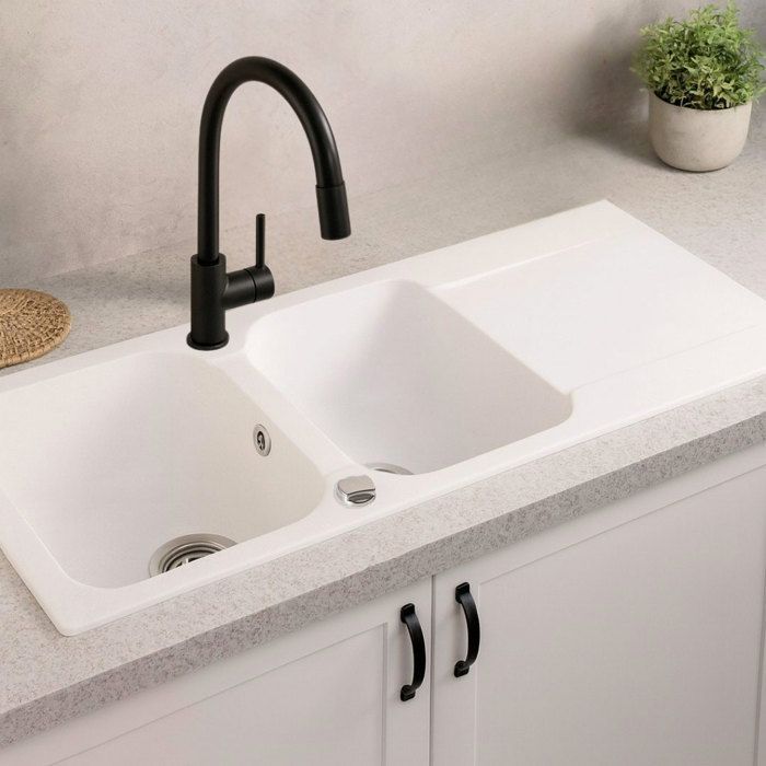 Lavello liscio, reversibile, 2 vasche, 1 gocciolatoio, resina bianca, Essebagno