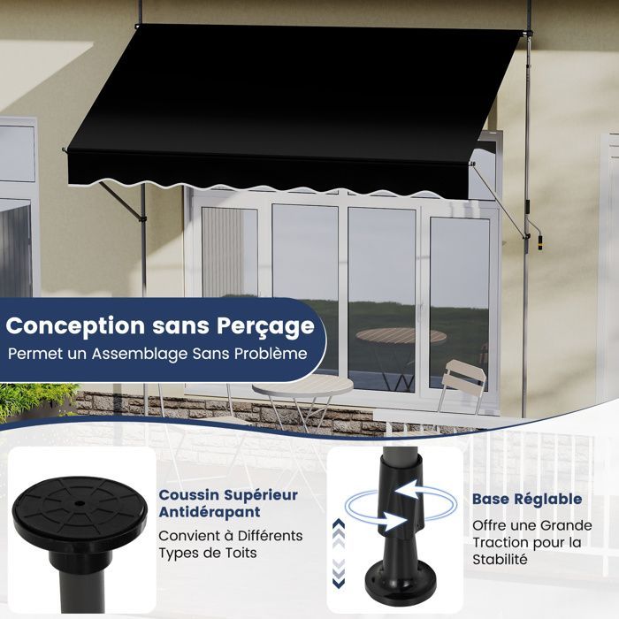 Toldo retrátil manual COSTWAY 3 x 1,2 m - Manivela, altura ajustável de 210 a 300 cm, preto, resistente aos raios UV.