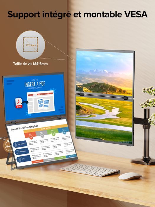 Dual-screen portable monitor, 15.6-inch, 1080p Full HD, 300 cd/m² brightness, 100% sRGB/VESA compatibility, mini HDMI, Type-C interface