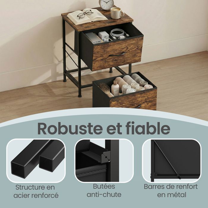 Table de Chevet avec 2 Tiroirs, Lot de 2, pour Chambre, Marron et Noir