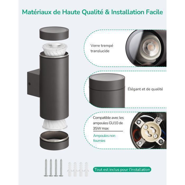 EDISHINE applique murale extérieure intérieure lot de 2, gris foncé, étanche IP44, douille GU10, ampoule requise, éclairage mural