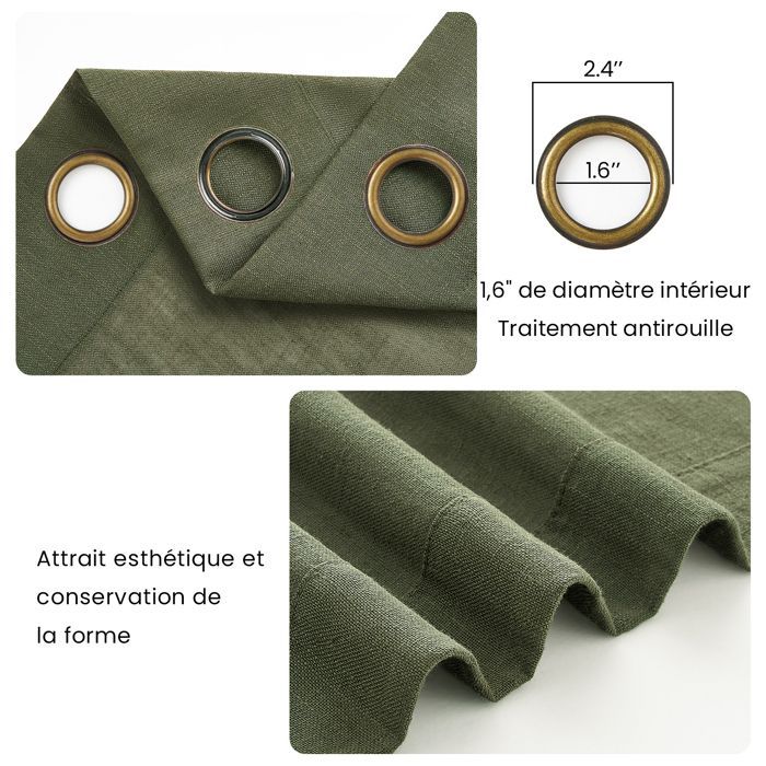 Topfinel Rideau Voilage Fenetre Semi-Transparent Avec Œillets Rideau Lin Vert Olive 140x240cm Rideau Occultant Thermiques Lot de 2