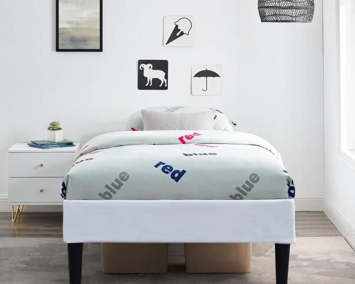 Gestoffeerde bedbodem van 120x190 cm met afneembare, wasbare hoes, wit + poten van 20 cm, 2 x 13 latten - Opaal - PVC-stof