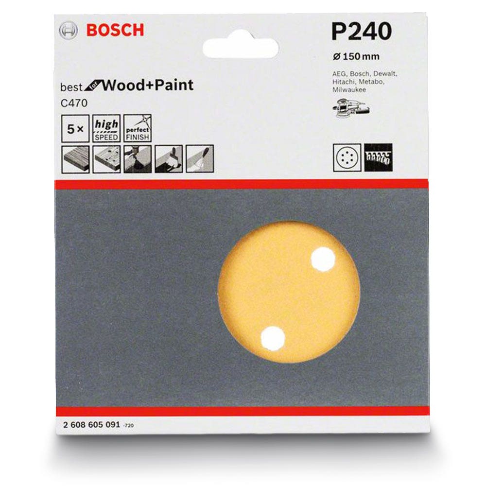 BOSCH Schleifscheibe 150 mm, Körnung 240, 6 Löcher, Klettverschluss, für Holz und Lack – C470 – 5 Stück