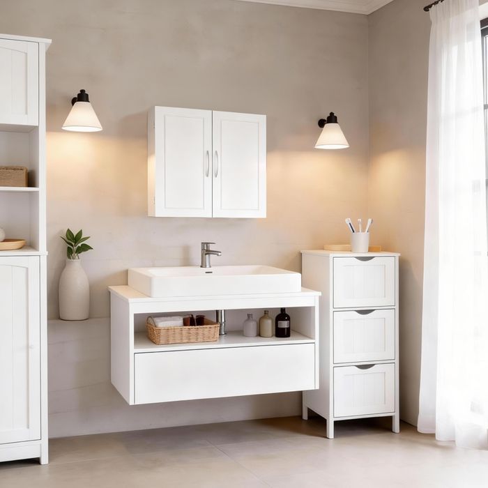 Placard de Rangement Mural, Étagères Réglables, Armoire à Pharmacie pour Salle de Bain, 60 x 60 x 18 cm, Blanc