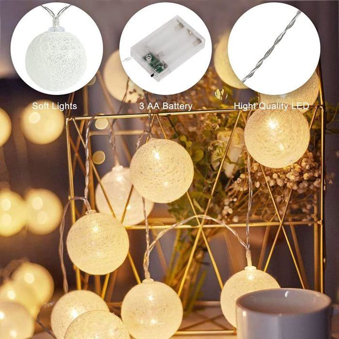 Guirlande Lumineuse Boule Coton, Interieur Decoration Noël Deco, 3M 20er LED Globe Light, Fille, Princesse, Enfant, Bebe, Chambre