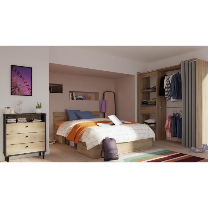 Cama para adultos Demeyere Michigan - 160 x 200 cm - Múltiples compartimentos de almacenamiento - Roble cepillado