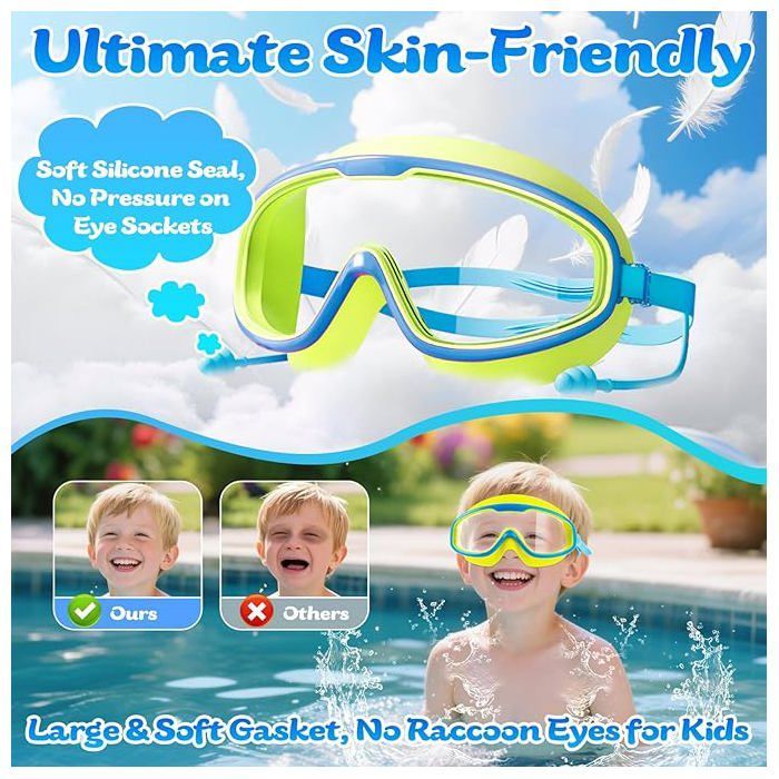 2 gafas de natación infantiles (de 3 a 12 años), antivaho, con protección UV, con protector nasal y tapones para los oídos.