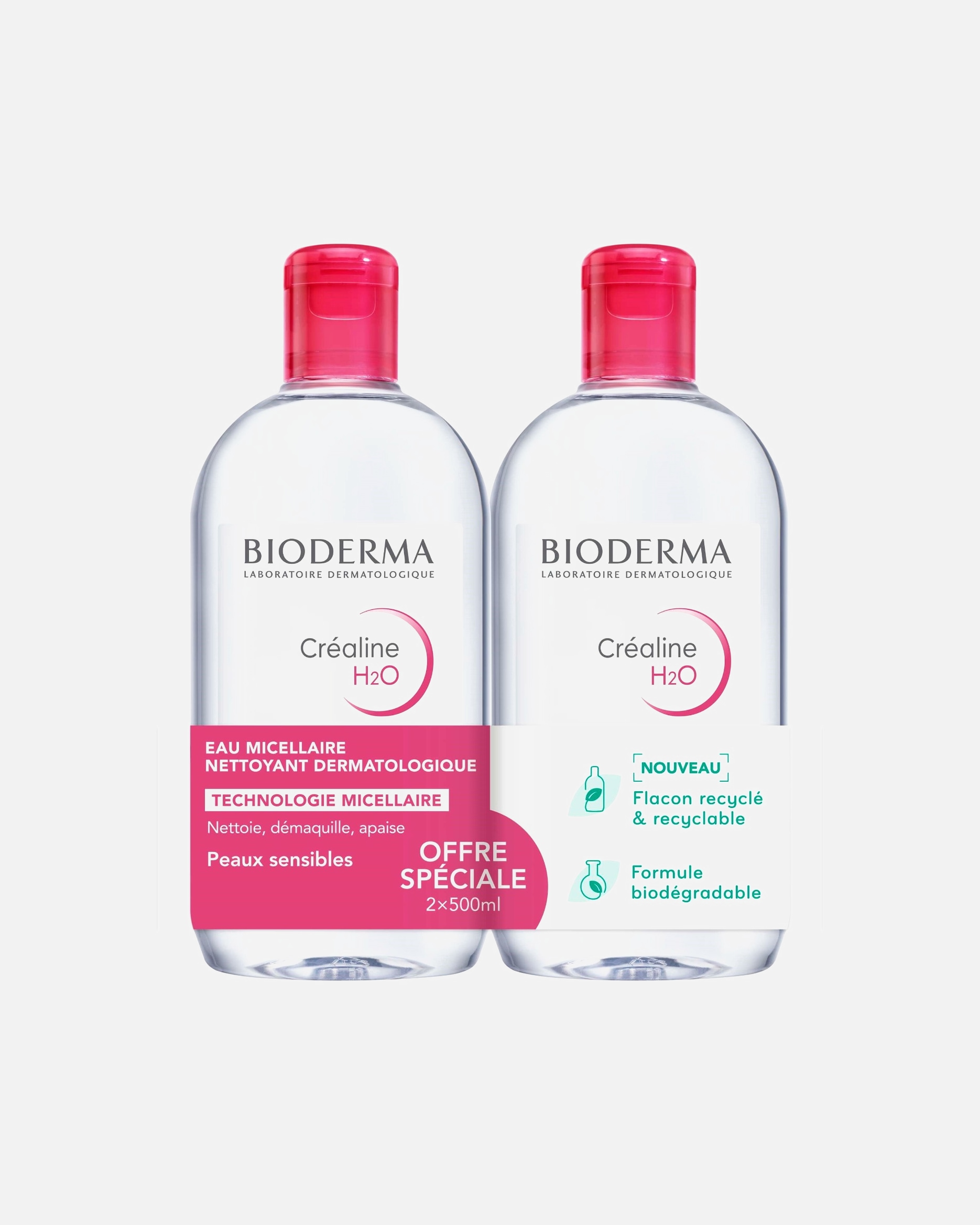 Bioderma CREALINE H2O, eau micellaire démaquillante 2 x 500 ml Peaux sensibles