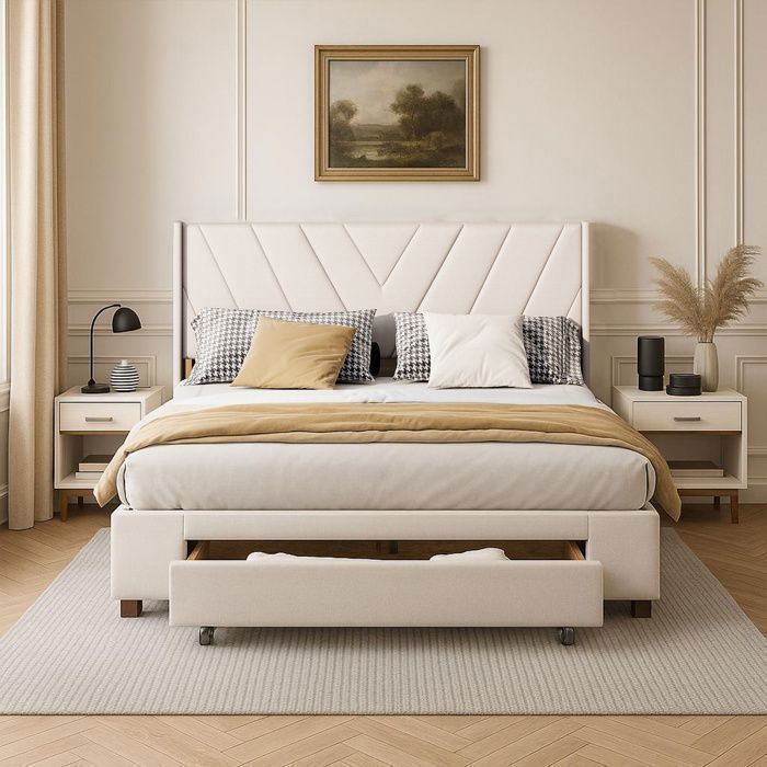 Lit adulte 140x190 cm - COZY - lit 140x190 cm - cadre de lit double 140x190 cm - sommier - tissu en lin - beige