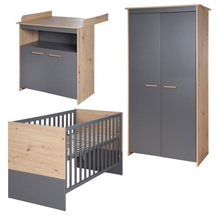 Chambre bébé complète : Lit 60 x 120 cm + commode à langer + armoire - ANNA - ROBA - Chêne Kent / Anthracite