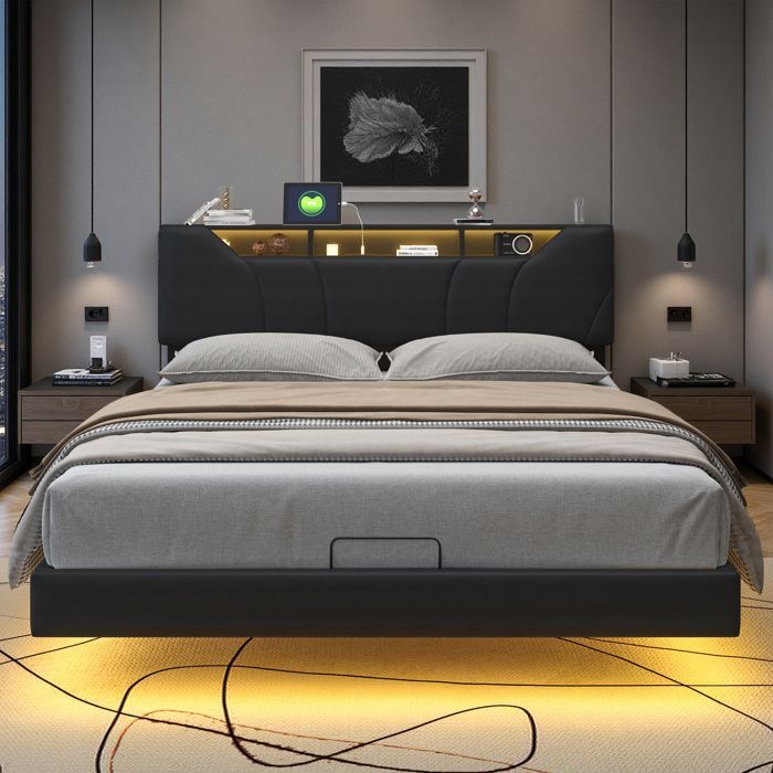 140x190 cm Bed - COZY - PU-stof - LED en USB - lattenbodem - tweepersoonsbedframe 140x190 cm - zwart