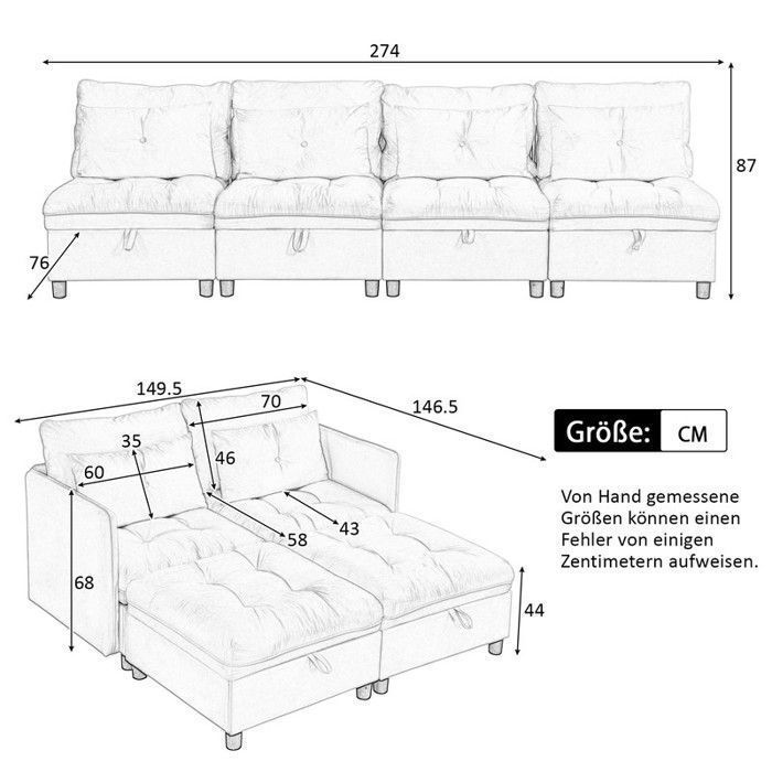 Set di divani modulari a 4 posti - pianificazione flessibile dello spazio con combinazione divano-letto - grigio