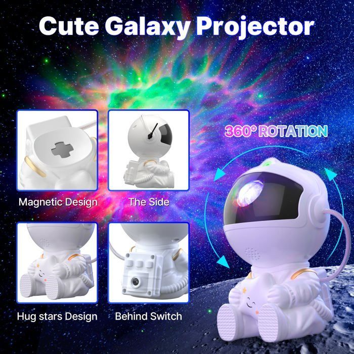Proyector de astronauta, cielo estrellado, galaxia, luz nocturna LED giratoria de 360°, proyector de astronauta con control remoto, blanco para niños