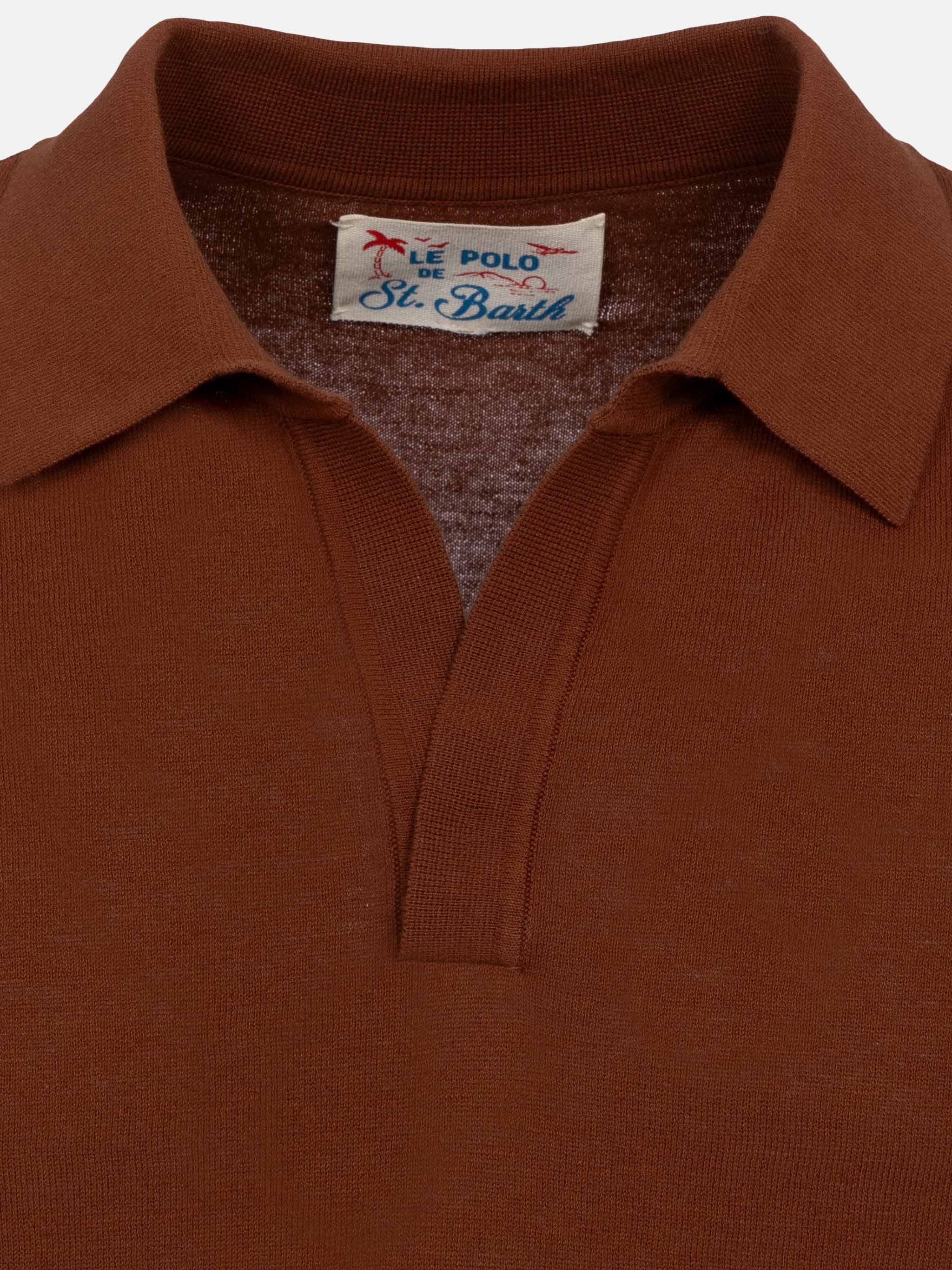Sloan poloshirt zonder knoopjes in camelkleurige gebreide stof