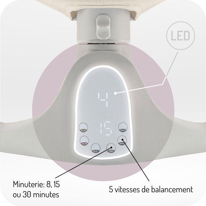 MoMi KENANI SAND – Balancelle Bébé Électrique – Bluetooth – Télécommande – Jouets Inclus – Écran LED – Beige