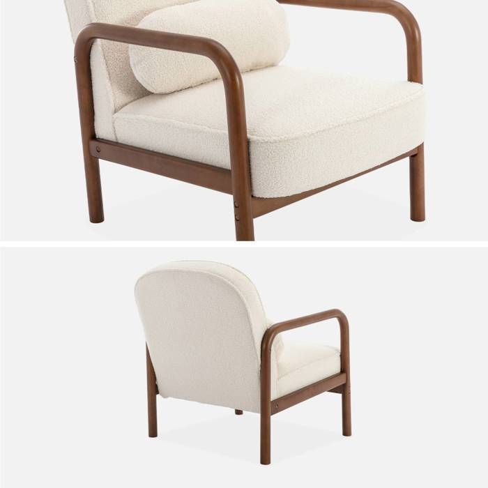 AMELIE Scandinavische fauteuil van licht walnootkleurig rubberhout en boucléstof.
