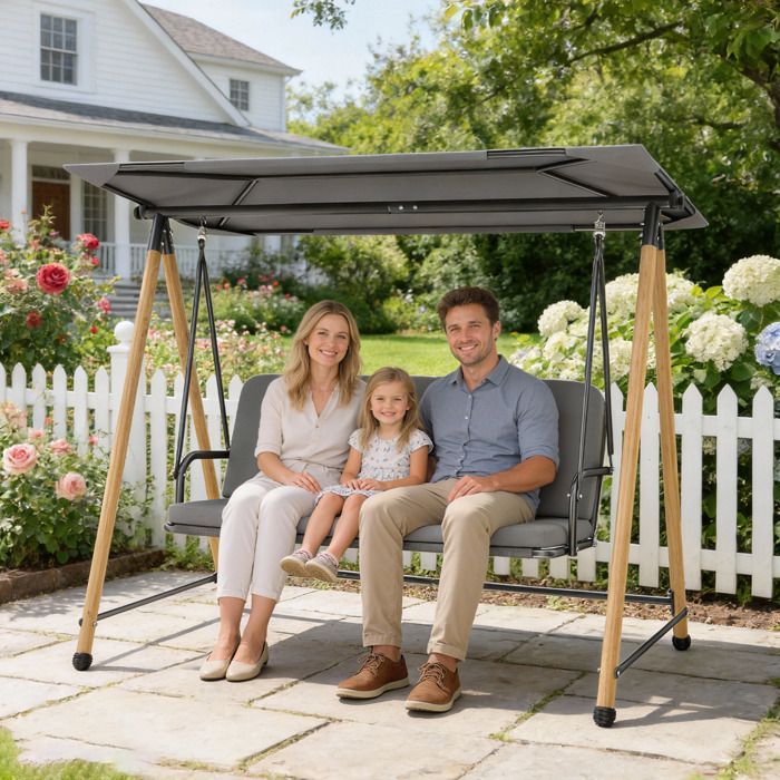 Tuinschommel - Outsunny - 3 zitplaatsen - Verstelbare luifel en afneembaar dik kussen - Stalen frame - 208x125x180cm - Grijs