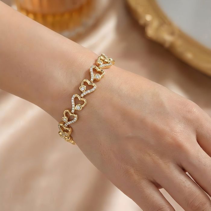 Bracelet - Femme - Cœurs - Zircons – Élégance - 19 cm - Plaqué Or Jaune 750/1000 - 3 Microns