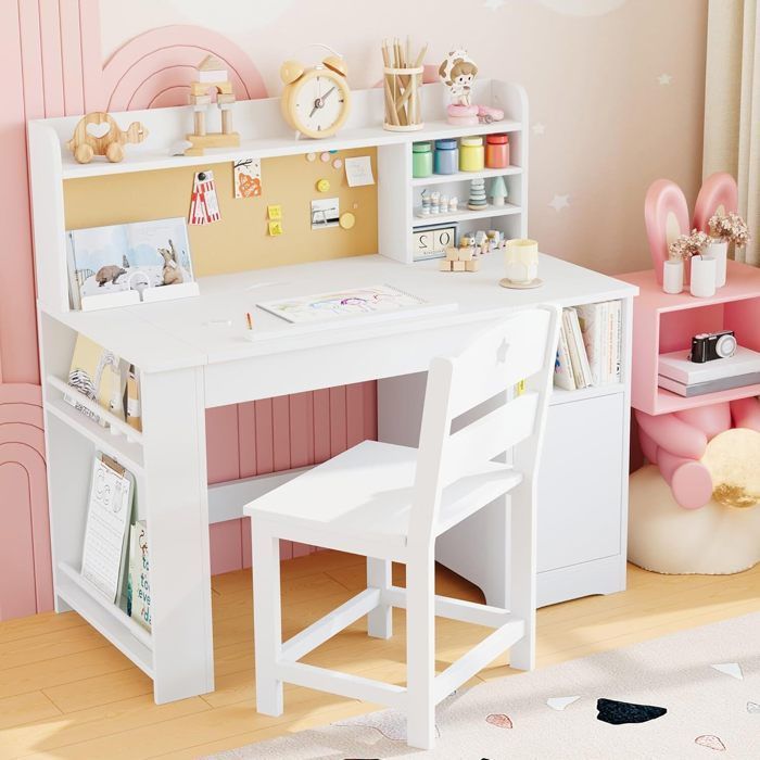 Kinderbureau met stoel - 97x47x101 cm - 1 kast met deur + boekenplank bovenop + prikbord - wit