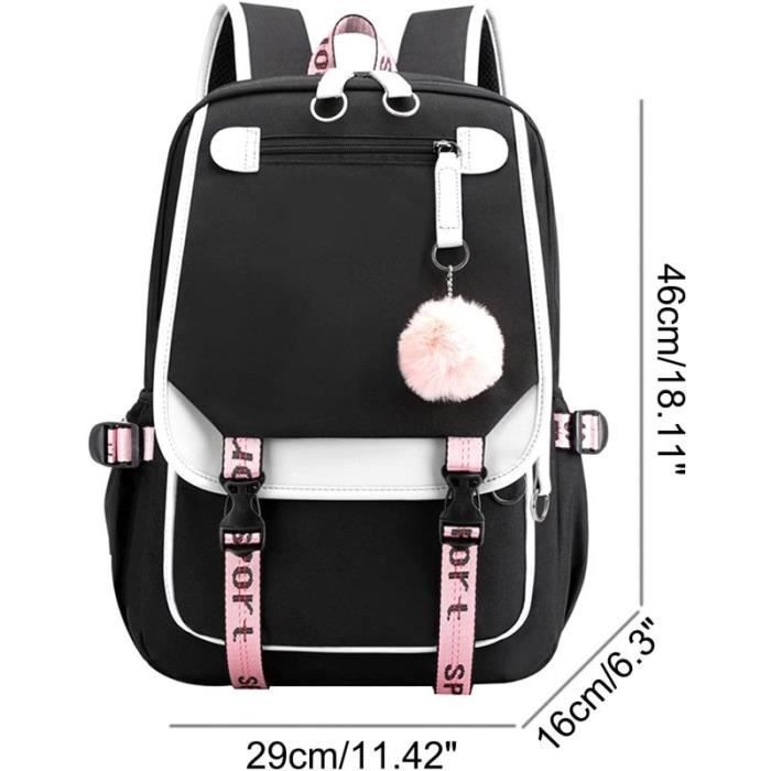 Mochila escolar impermeável em nylon, ideal para o ensino fundamental e médio, para meninos e meninas, com porta USB para carregamento e compartimento para fones de ouvido - Rosa