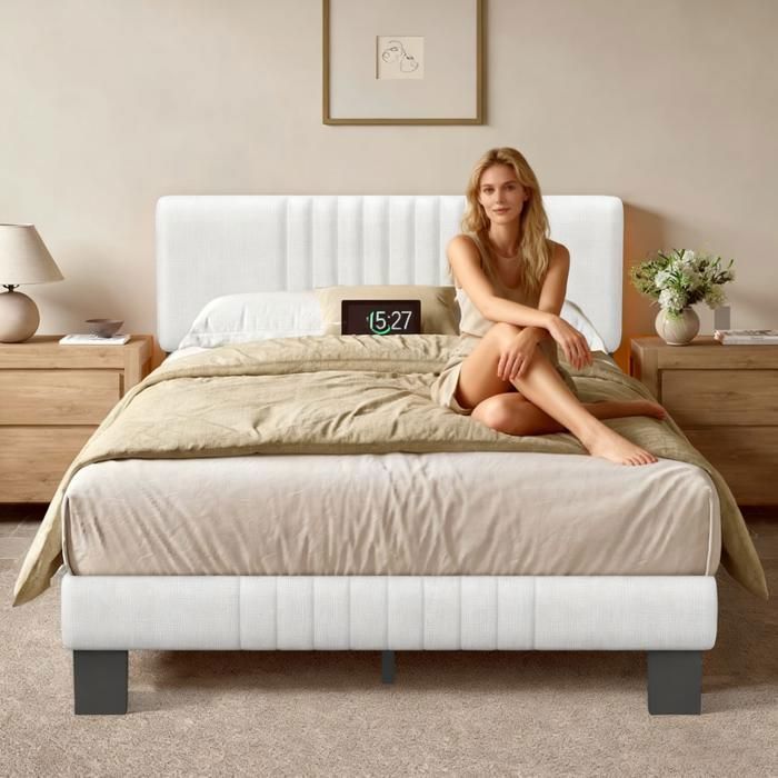 Lit double - 140x190 cm - Tête Rembourrée Lin - Sommier à lattes bois - Double Support en Métal et Bois - Cadre solide silencieux