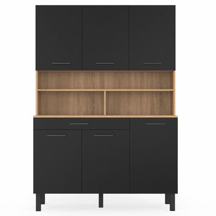 IDMARKET Buffet de cuisine 120 CM CINA 6 portes + tiroir façon hêtre et noir