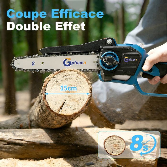 Mini Tronconneuse Électrique 8 Pouces - Moteur Sans Balais, 2 * 4,0Ah 21V Batterie, 3 Chaînes - Lubrification Automatique