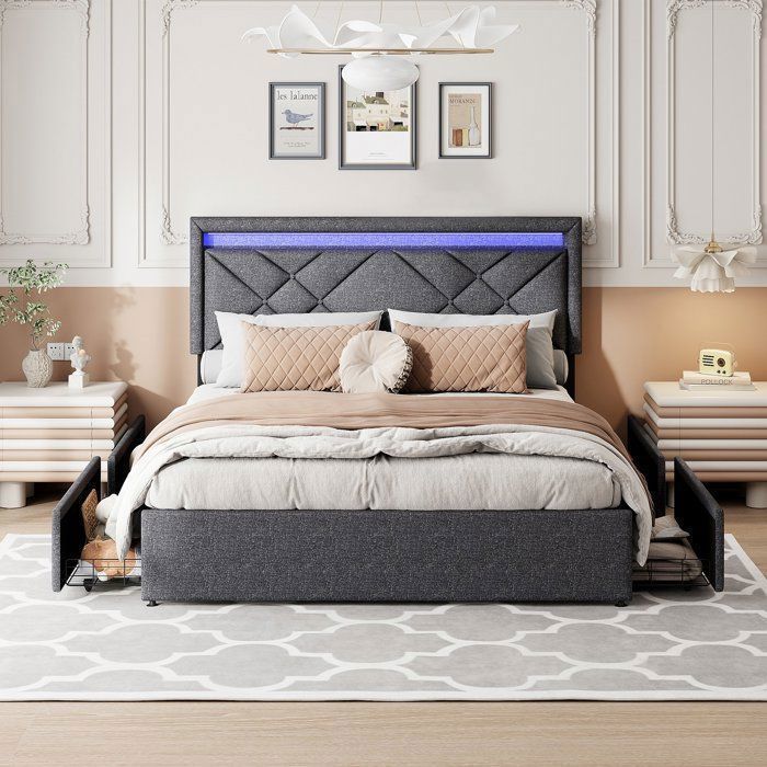 Set completo per camera da letto per adulti, base letto 160x200, letto matrimoniale, letto contenitore 160x200, letto a LED, testiera a LED, 4 cassetti, biancheria, grigio scuro.