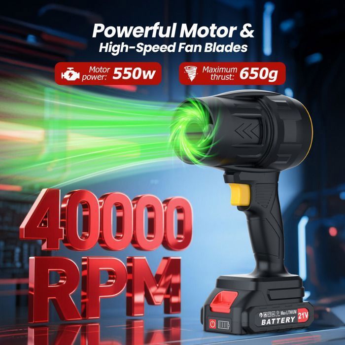Soplador eléctrico turbo inalámbrico TANBABY de 40000 RPM - Soplador de polvo/nieve/hojas con 2 baterías de 2.0 mAh