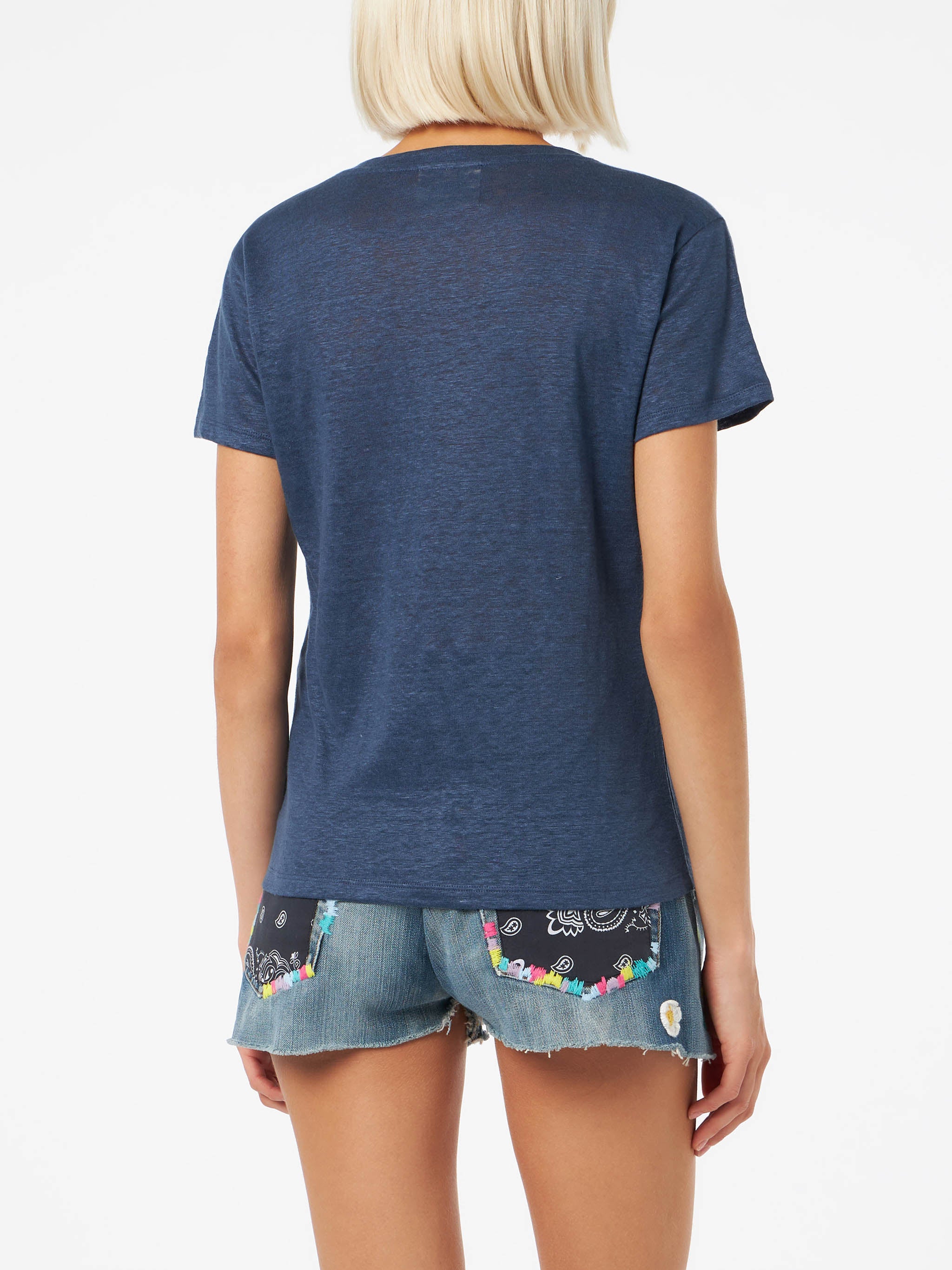 Eloise T-shirt met V-hals in marineblauwe linnenjersey