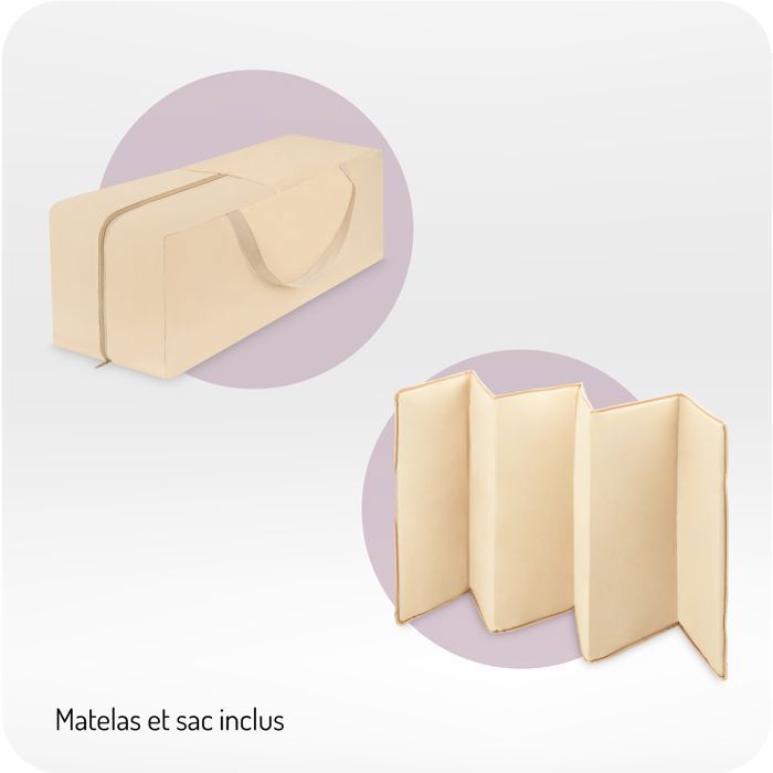 MoMi BELOVE PLUS - Lit parapluie bébé avec matelas, arche de jeux, table à langer + sac - 2 niveaux de couchage - 15 kg - Beige