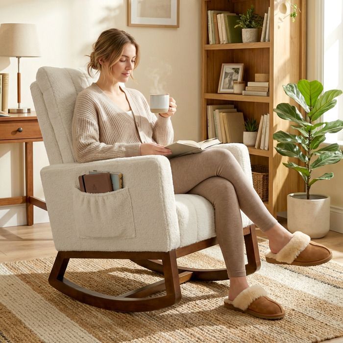 Schaukelstuhl – HOMCOM – Lendenkissen, hohe Rückenlehne, Seitentaschen – Schneeflanell – 67 x 97 x 110 cm – Creme