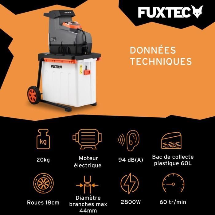 Trituradora eléctrica de jardín FUXTEC FX-EGH2800B de 2800 W, caja recolectora de 60 L, capacidad de corte de ramas de 44 mm de diámetro, IPX4