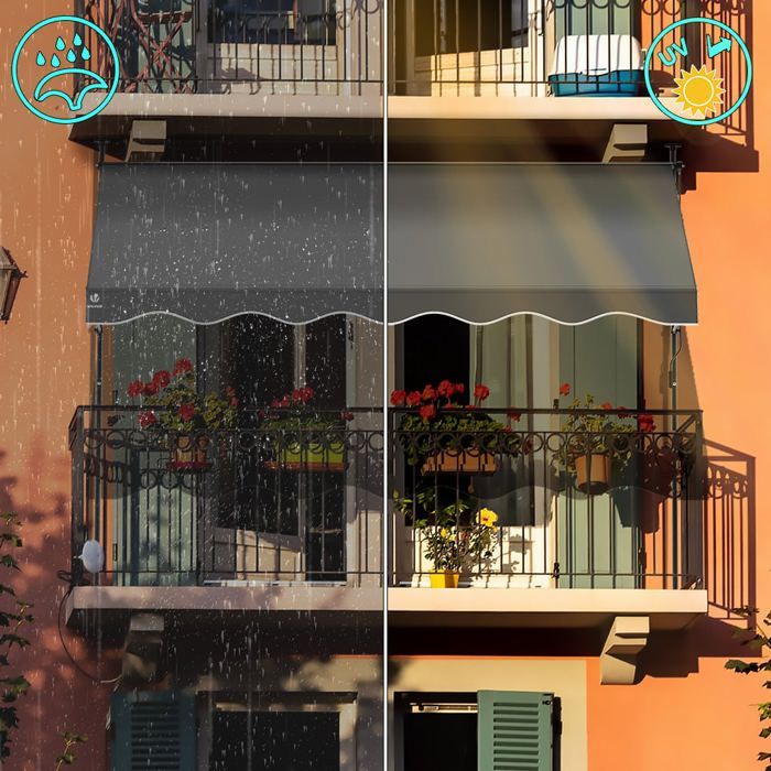 Toldo retráctil manual VOUNOT® de 200 cm, gris - No requiere taladrar - Altura e inclinación ajustables - Toldo con manivela
