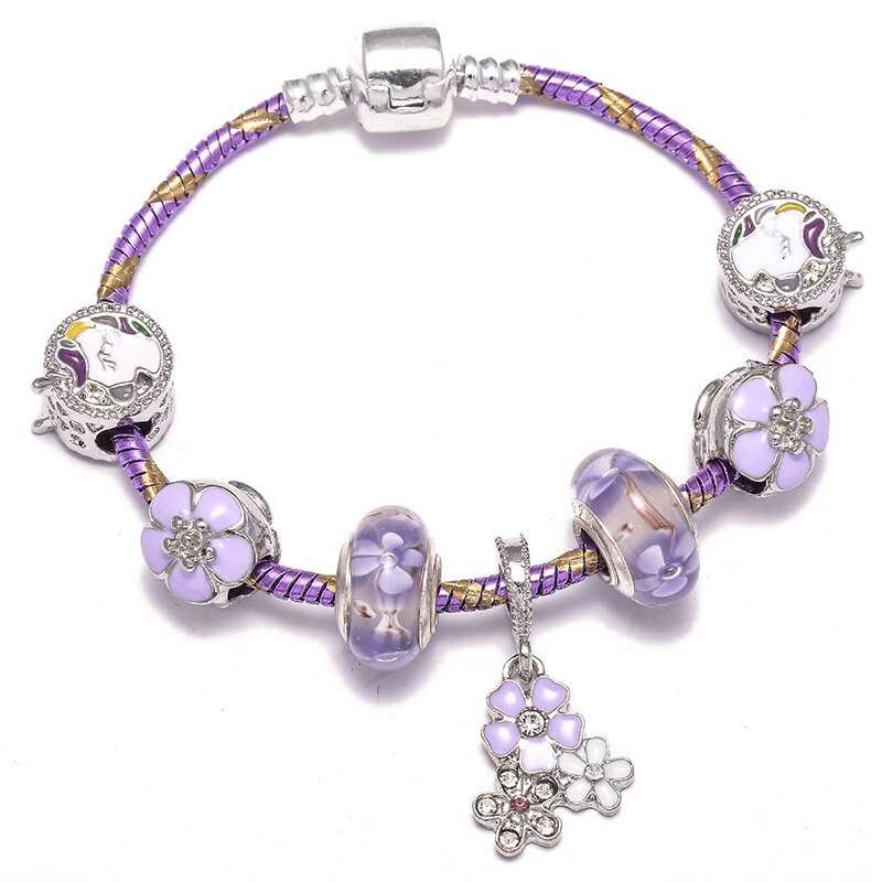 Pulseiras de cristal roxo para mulheres, banhadas a prata, com pingentes de flores.