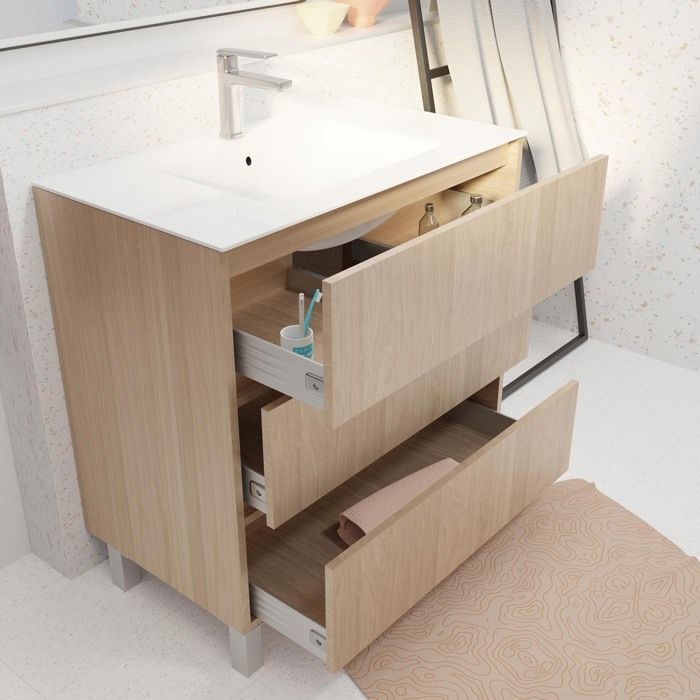 Mueble de baño XENOS de 80 cm en roble claro con 3 cajones y lavabo de cerámica.