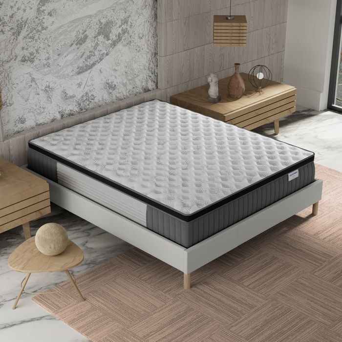 Colchón y base de cama (140x190cm) - Muelles ensacados Elekctra y espuma viscoelástica, 30cm de grosor + Base de cama de madera estable, Tela blanca