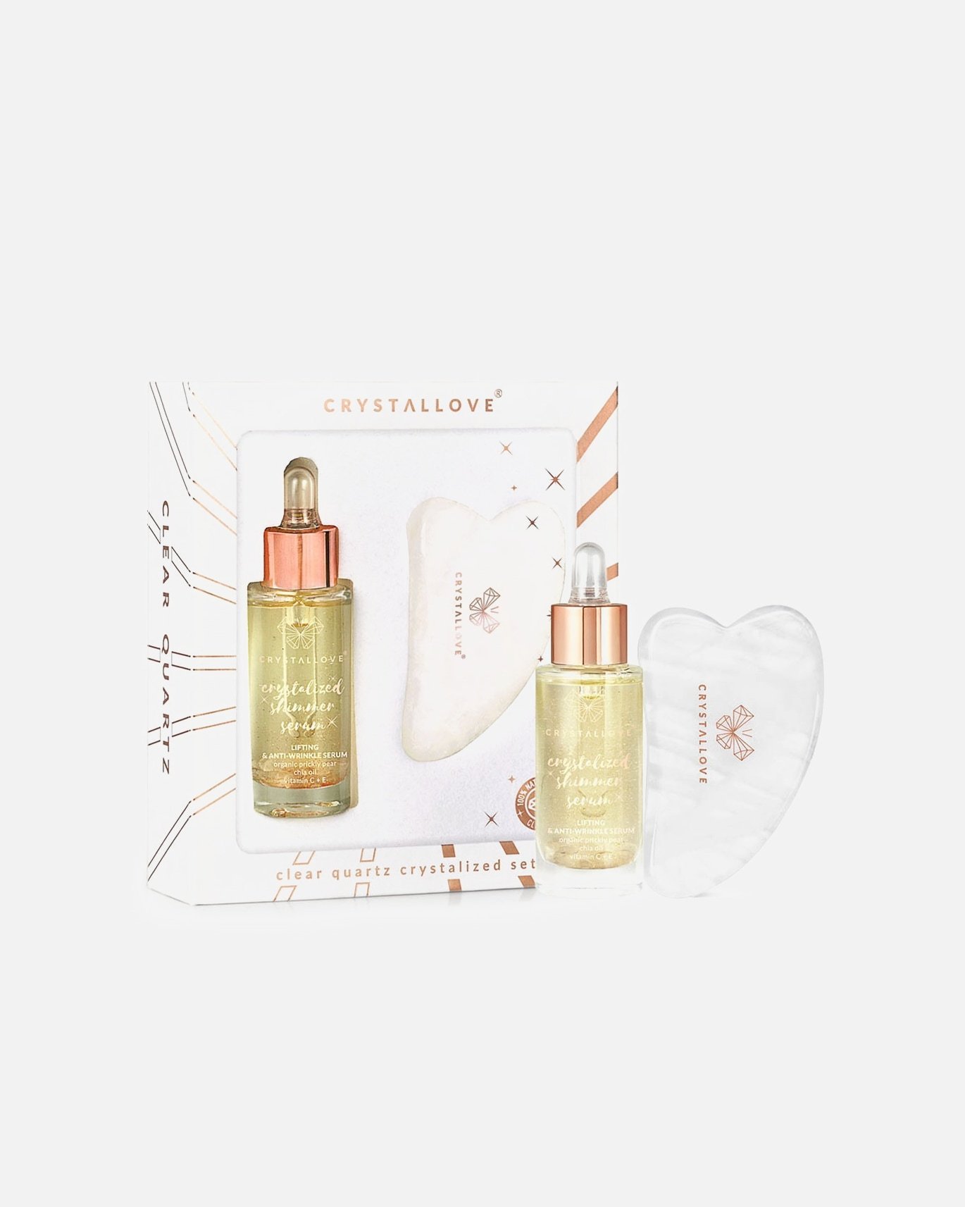 Crystallove sejas kopšanas komplekts no caurspīdīga kvarca: serums + Gua Sha – 1 gab.