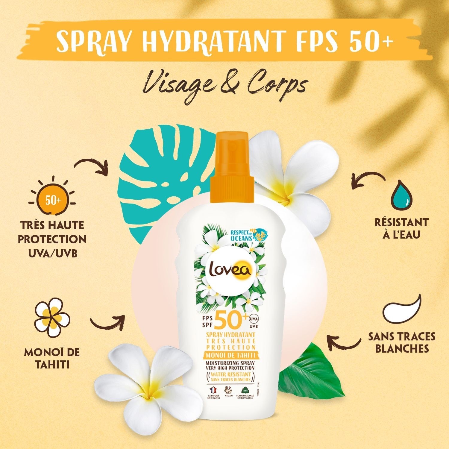Lovea Spray Hydratant FPS 50+ Très Haute Protection Monoï de Tahiti