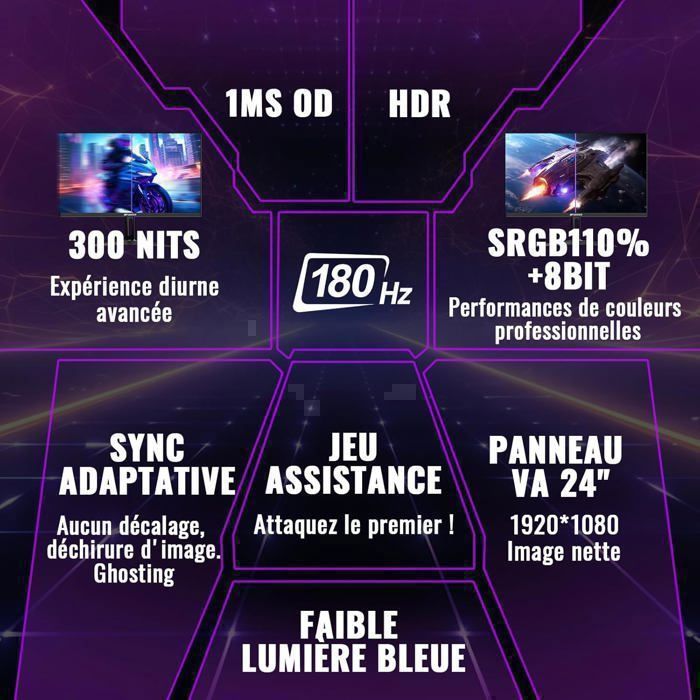 Monitor Gamer Minifire de 24 polegadas, 180Hz, 1ms, Adaptive Sync, FHD, 110% sRGB, BluelightShield, Inclinação Ajustável