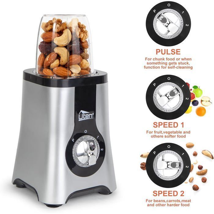 UTEN Blender Smoothie 1.25L,Blender Mixeur - 380 W - 3 vitesses - 2 en 1 - Avec Lames En Acier inoxydable