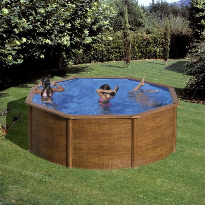 GRE - Kit de piscina redonda de aço acima do solo com acabamento imitando madeira - Ø370 x A122 cm (Fornecido com filtro de cartucho + escada)
