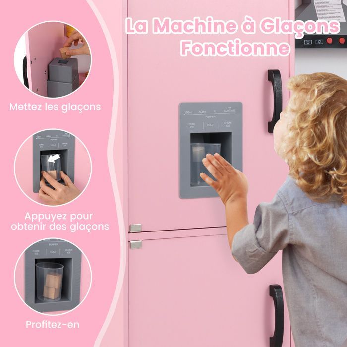 Cocina infantil de madera XXL de COSTWAY - 15 accesorios, efectos de luz y sonido, regalo de lujo rosa para fiestas