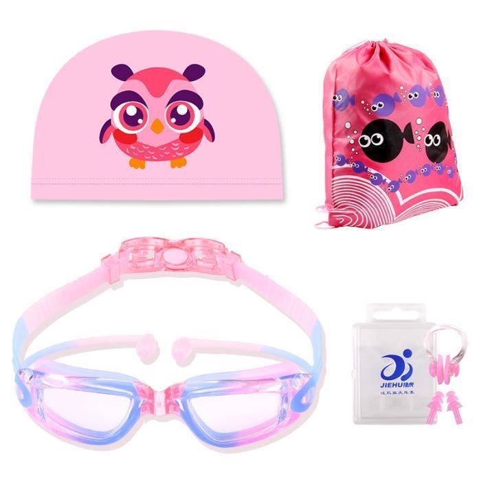 Conjunto de gafas de natación rosas y azules para niños y niñas, unisex, con protección UV y antivaho, con gorro de natación y tapones para los oídos.