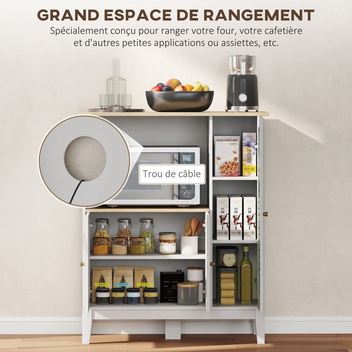 Mueble para microondas - HOMCOM - mueble de cocina con 1 nicho, 3 puertas de cristal templado - madera y cristal - 80x35x97cm - blanco
